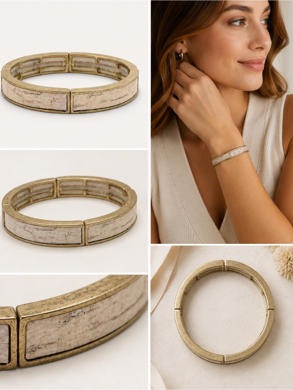 Free People Antique Gold Tone Cream Cork Inlay Stretch Bangle Bracelet - Picture 2 of 4